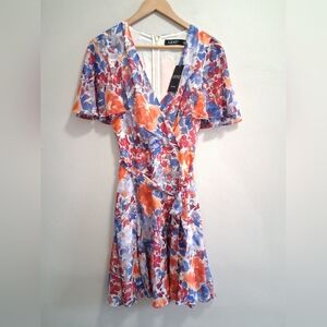 Lauren Ralph Lauren Floral Silky Faux Wrap V-Neck Mini Dress Size 6